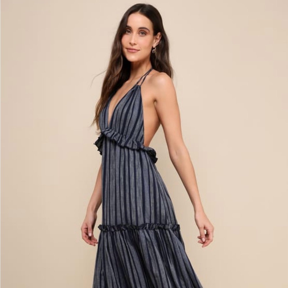 Blue striped vacation maxi halter dress